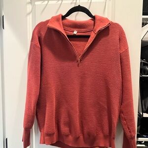 Red Zip Up Sweater with Knit Texture
